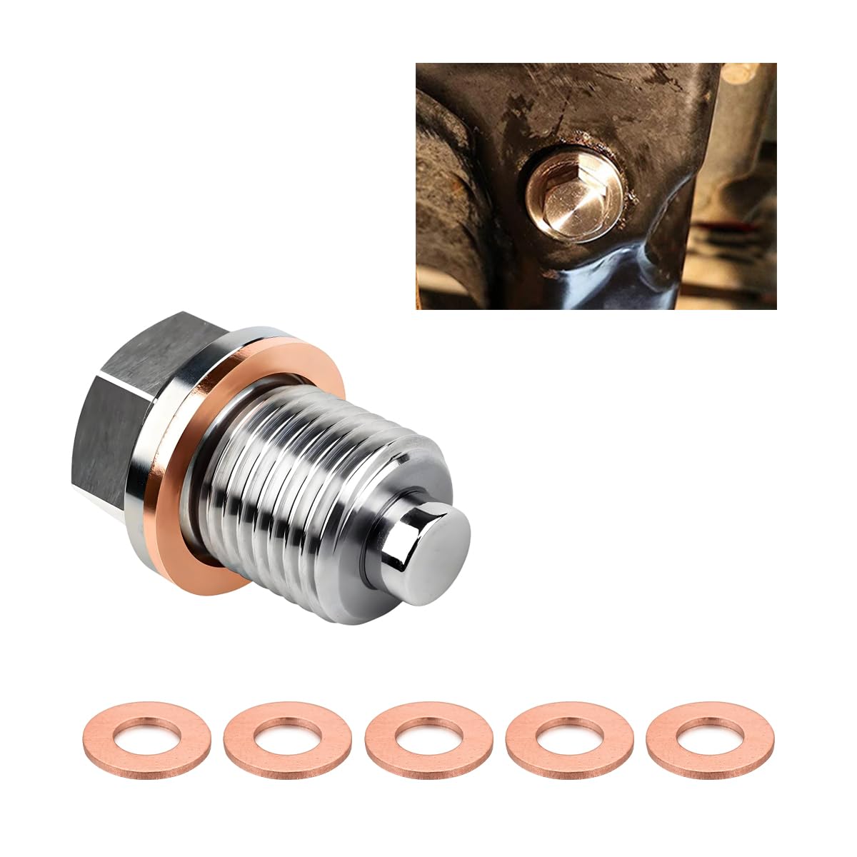 Dickno M16  1.5 Magnetic Oil Drain Plug, Aluminum Stainless Steel Sump Drain Nut Bolt with 5 Copper Crush Washer, Universal Leak