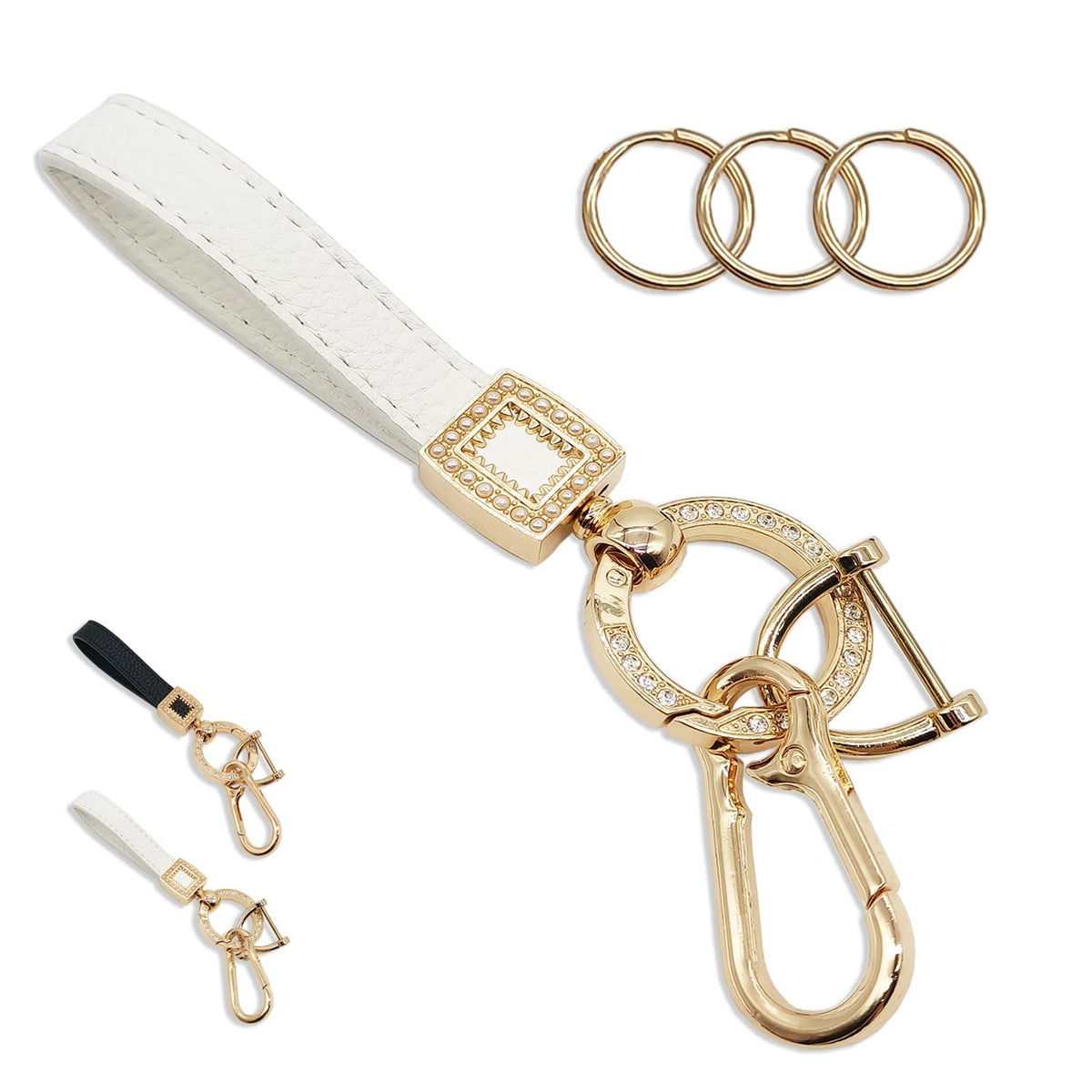 Car Keychain For Women Bling Leather Key Chains Women For Car Keys Fob Holder Keychain With Keyrings,D-Ring,Bling Clip And Carabiner Clip For Women And Men (White)