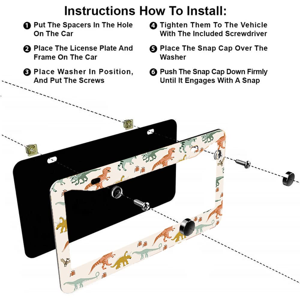 2Pcs Dinosaur License Plate Frames Cover Holders Stainless Steel Dinosaur License Plate Cover With Screw Caps Cover And Screwdri