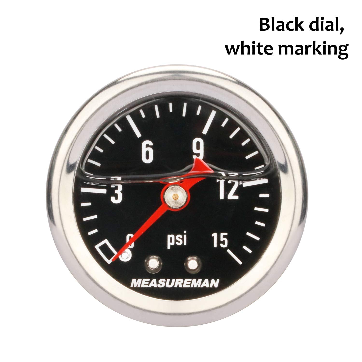 MEASUREMAN 1.5'' Black Dial, 304 Stainless Steel case, Liquid Filled Fuel Pressure Gauge, 0-15Psi, 3-2-3%, 1/8'' NPT Center Back