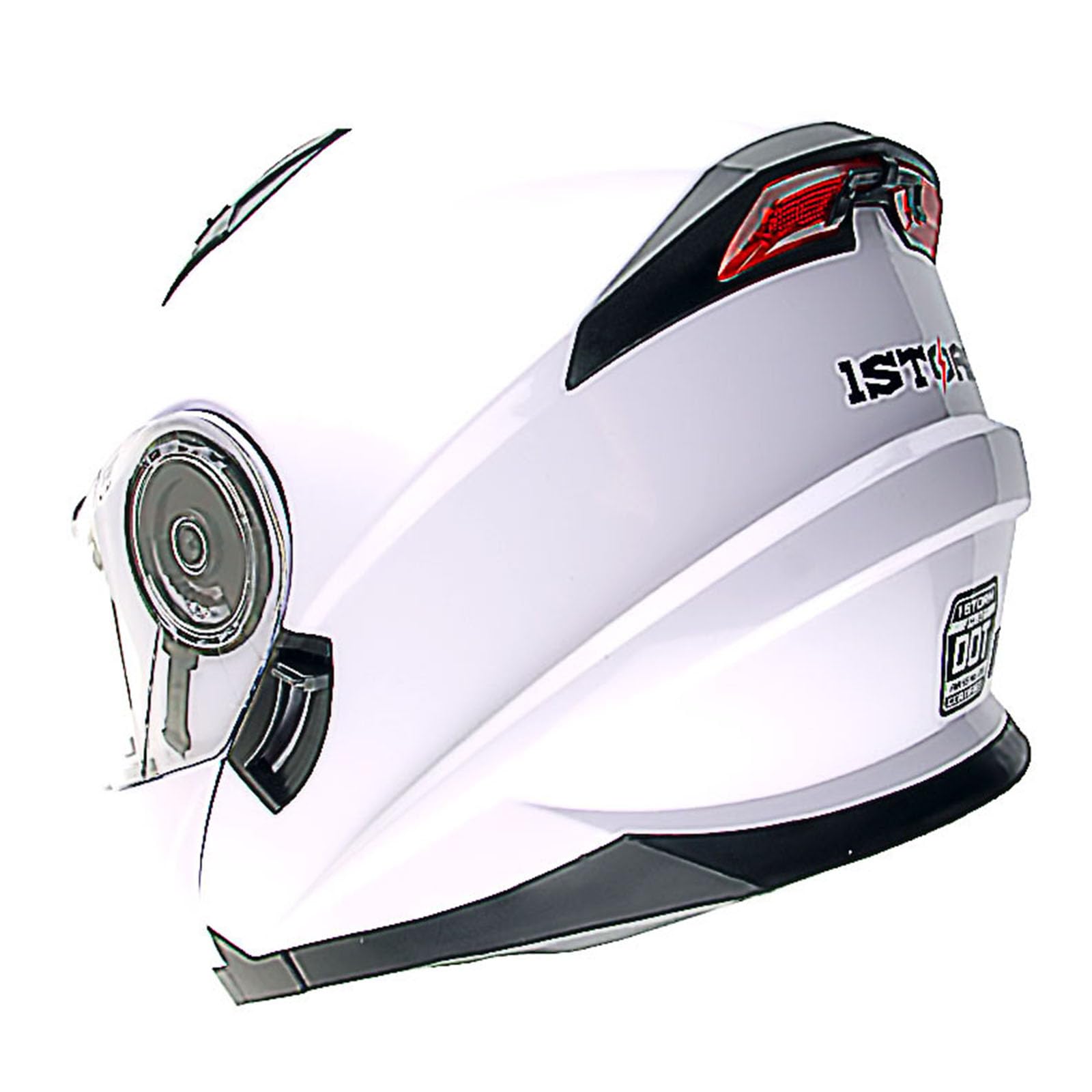 1Storm New Motorcycle Bike Modular Full Face Helmet Dual Visor Sun Shield With Rechargeable Led Tail Light: Glossy White