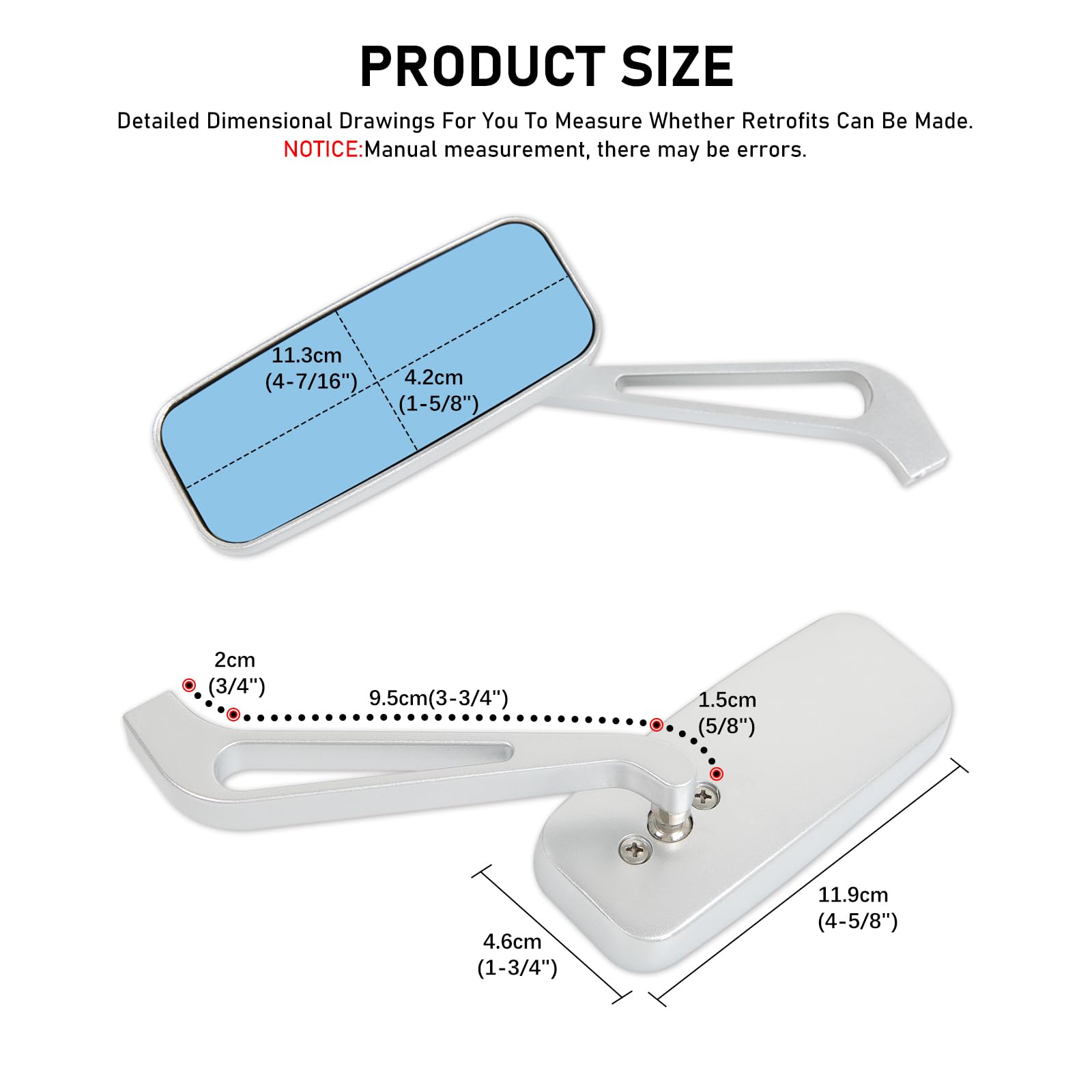 8Mm/10Mm Black Rectangle Motorcycle Rear View Side Mirrors For Cruiser Chopper Honda Kawasaki Suzuki Yamaha (Silver)