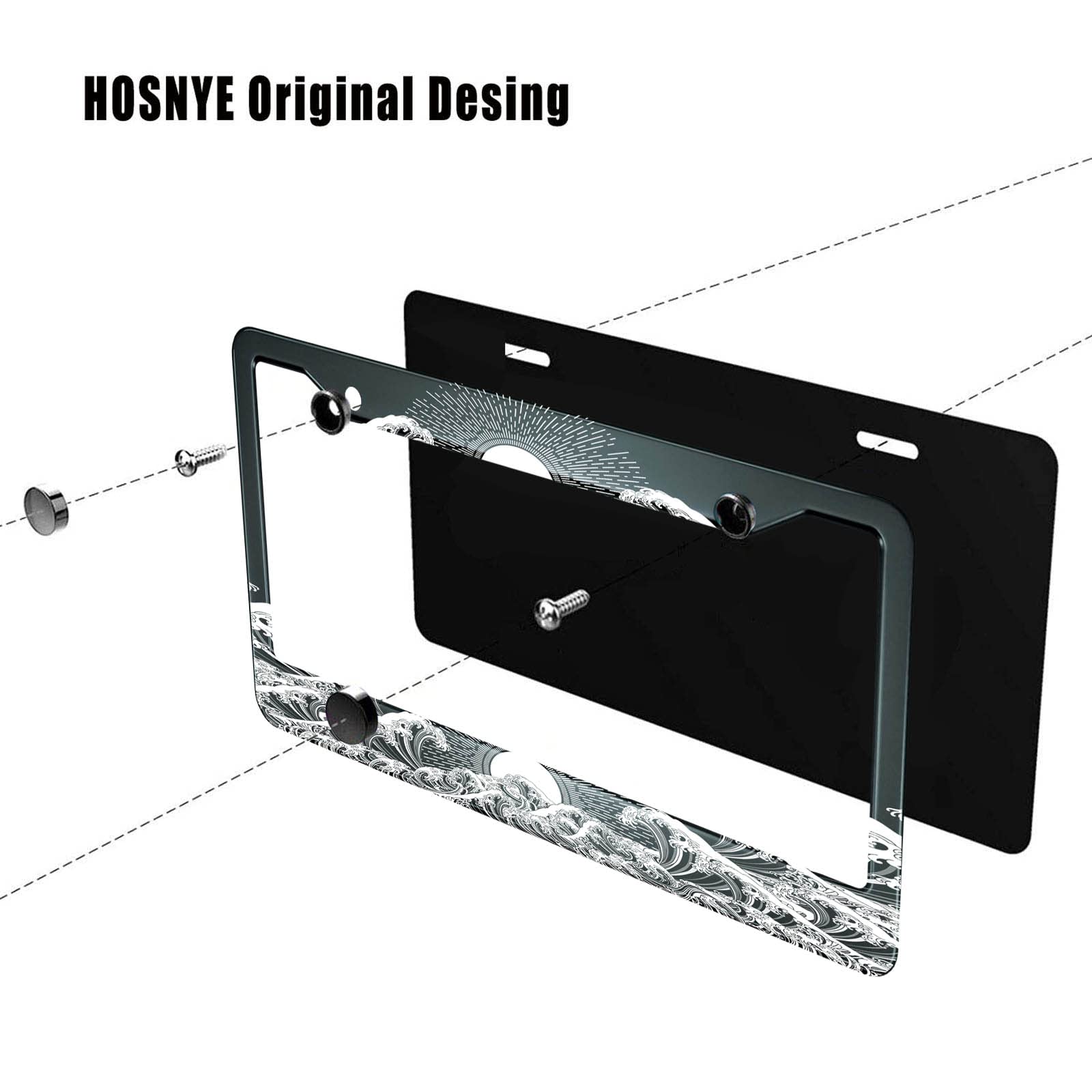 Hosnye Japan Wave License Plate Frame Sun Oriental Design Metal License Plate Cover Front Plates Frames Car Tag Frame For Women