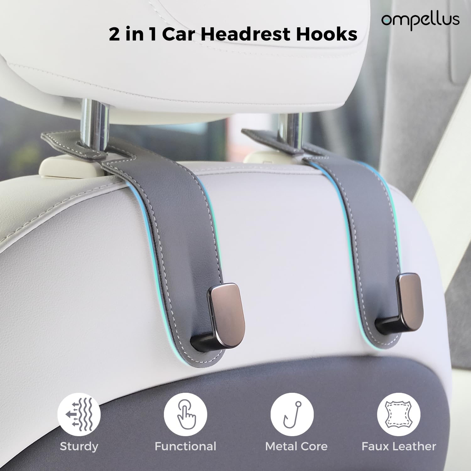 Ompellus Car Headrest Hook, 2 Pack Leather Car Seat Hooks for Purses and Bags, Car Organization Accessories (Grey)
