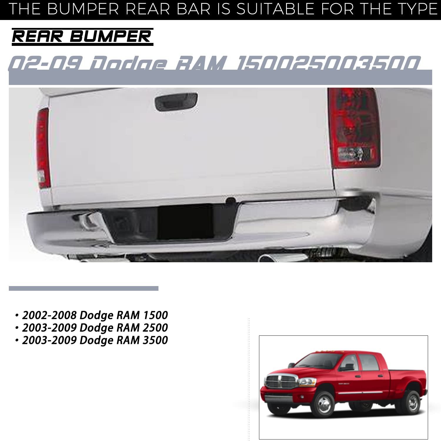 Jsboyat Rust Resistance Rear Bumper Assembly Fits For 2002-2008 Dodge Ram 1500/2003-2009 Ram 2500 3500 Pickup Heavy Duty Chrome Back Bumpers W/Top Pads License Plate Lamp Ch1103111