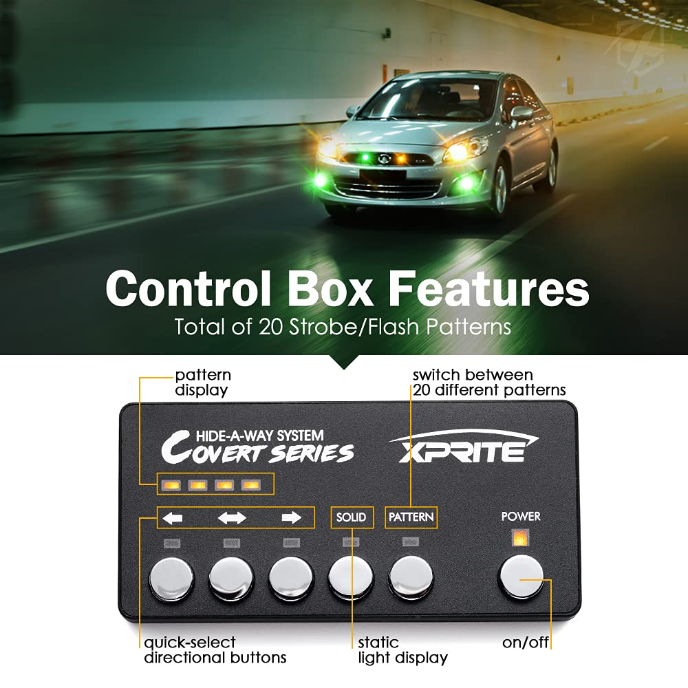 Xprite Amber Green Led Hideaway Strobe Lights Kit 20 Flashing Patterns W/Control Panel Headlights Taillights Fog Marker Light Mo