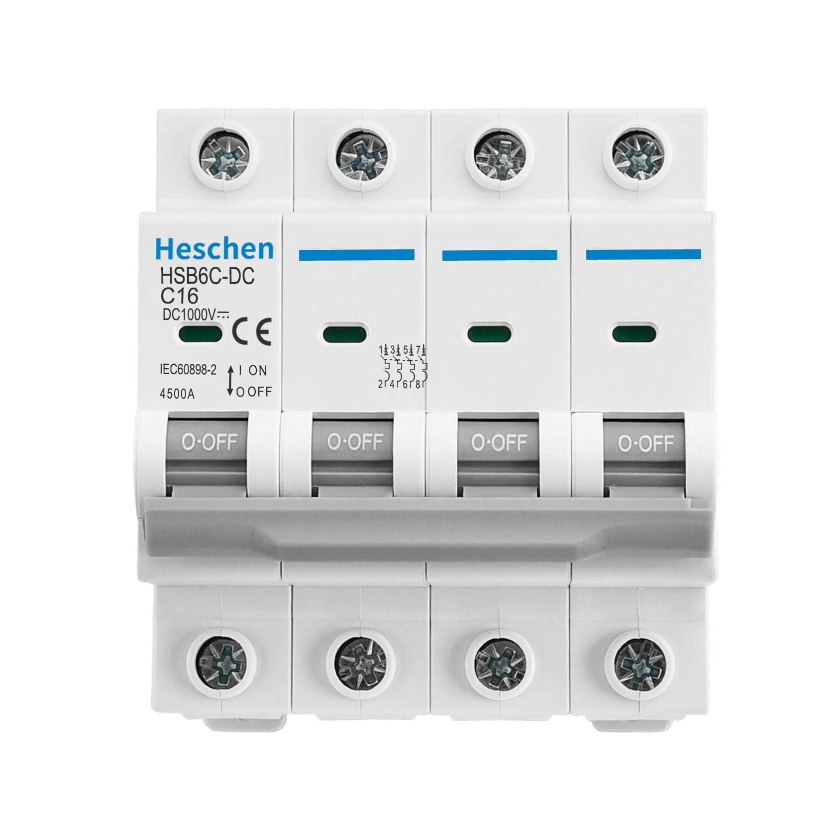 Heschen Dc Miniature Circuit Breaker, Hsb6C-Dc, 4 Poles, Dc1000V 16A, Photovoltaic Circuit Breaker, For Solar Pv System Solar Panels Grid System, 35Mm Din Rail Mounting