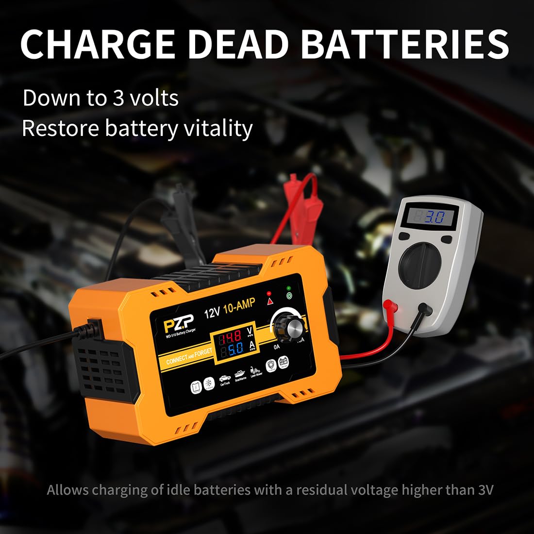 Pz.P 12V Automatic Car Battery Charger, 0-10A Arbitrarily Adjustable Smart Trickle Charger, Auto Desulfator With Battery Repair,