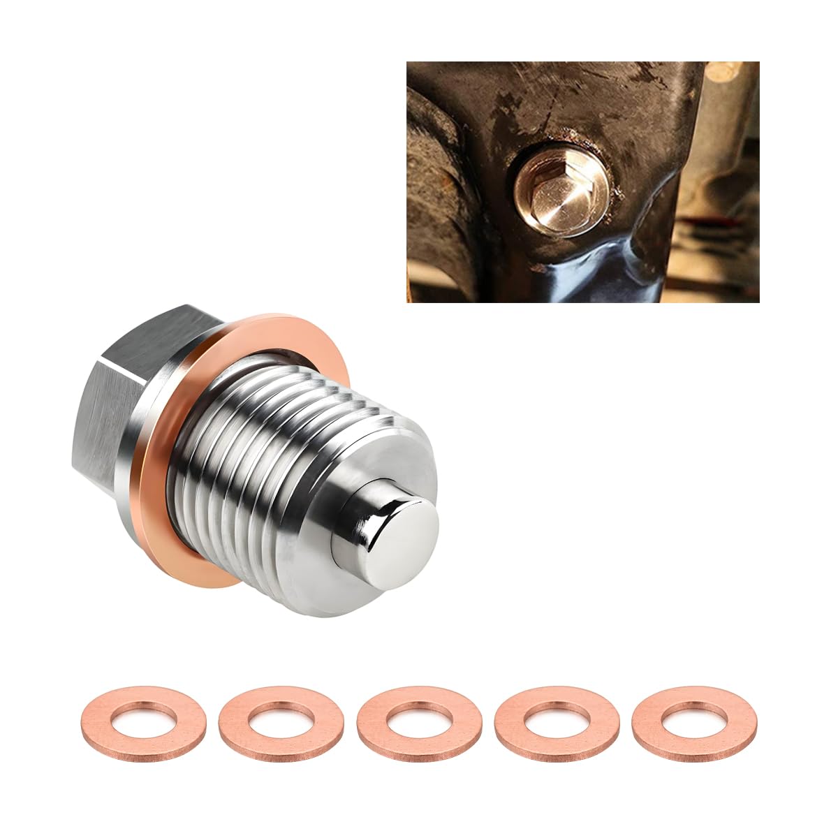 Dickno M18  1.5 Magnetic Oil Drain Plug, Aluminum Stainless Steel Sump Drain Nut Bolt with 5 Copper Crush Washer, Universal Leak
