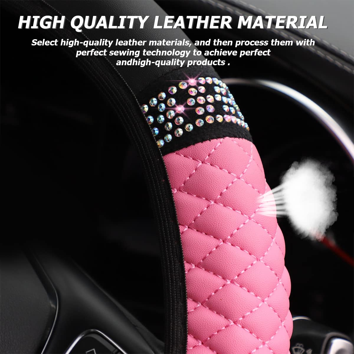 Bling Leather Steering Wheel Cover, Colorful Rhinestones Elastic Steering Wheel Protector, Pu Soft Leather With Crystal Diamond, Sparkling Car Accessories For Most Cars (Pink)