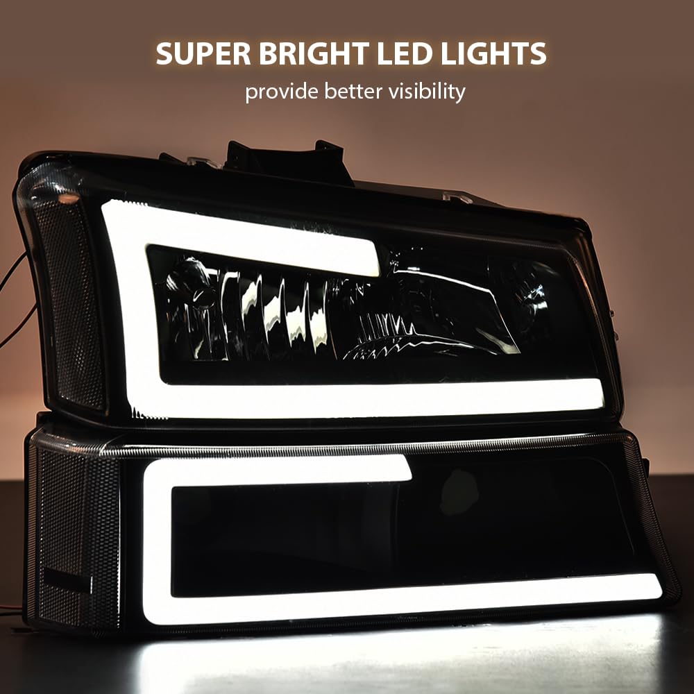 Allgood Led Drl Headlights Compatible With 2003-2006 Chevy Silverado Avalanche 1500 2500 3500 Hd, Fit Models Without Factory Cladding, Smoky Lens Chrome Housing Amber Reflector