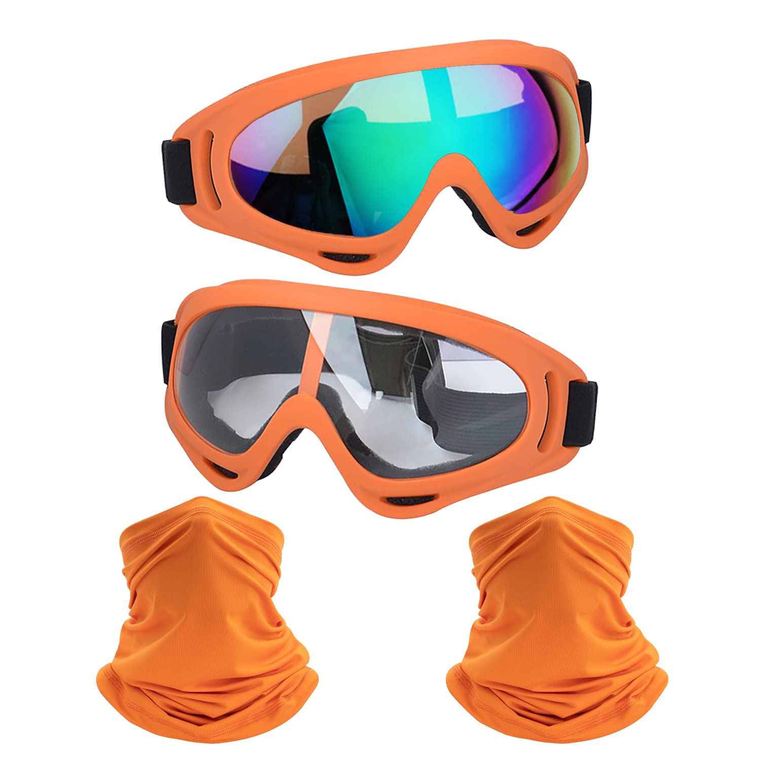 Ljdj Motorcycle Goggles,2 Pack Dirt Bike Atv Motocross Riding Hiking Protective With 2 Pack Neck Breathable Bandana Mask (Orange