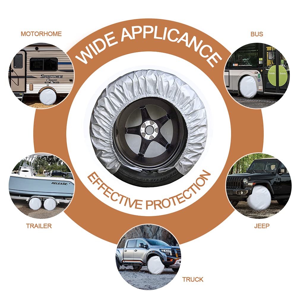 Kayme Rv Tire Covers Set of 4, Travel Trailer Camper Truck SUV Motorhome Waterproof Wheel Cover, Sun Rain Snow Protector, Fit 27-29 Inch Tire Diameter/Silver