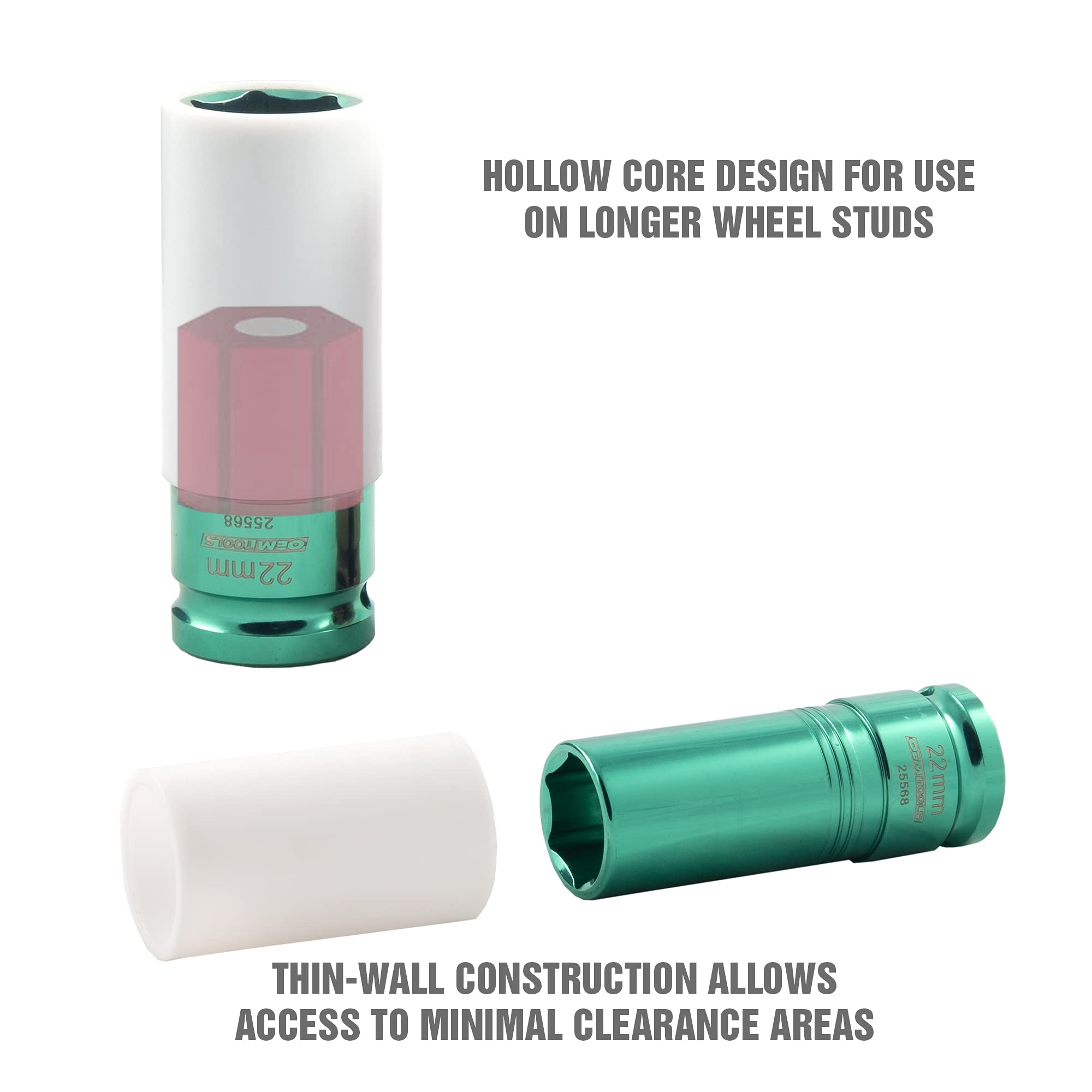 Oemtools 25568 1/2 Inch Drive 22Mm Non-Marring Lug Nut Socket, Protects Lug Nuts From Damage, Color-Coded And Clearly Marked Tir