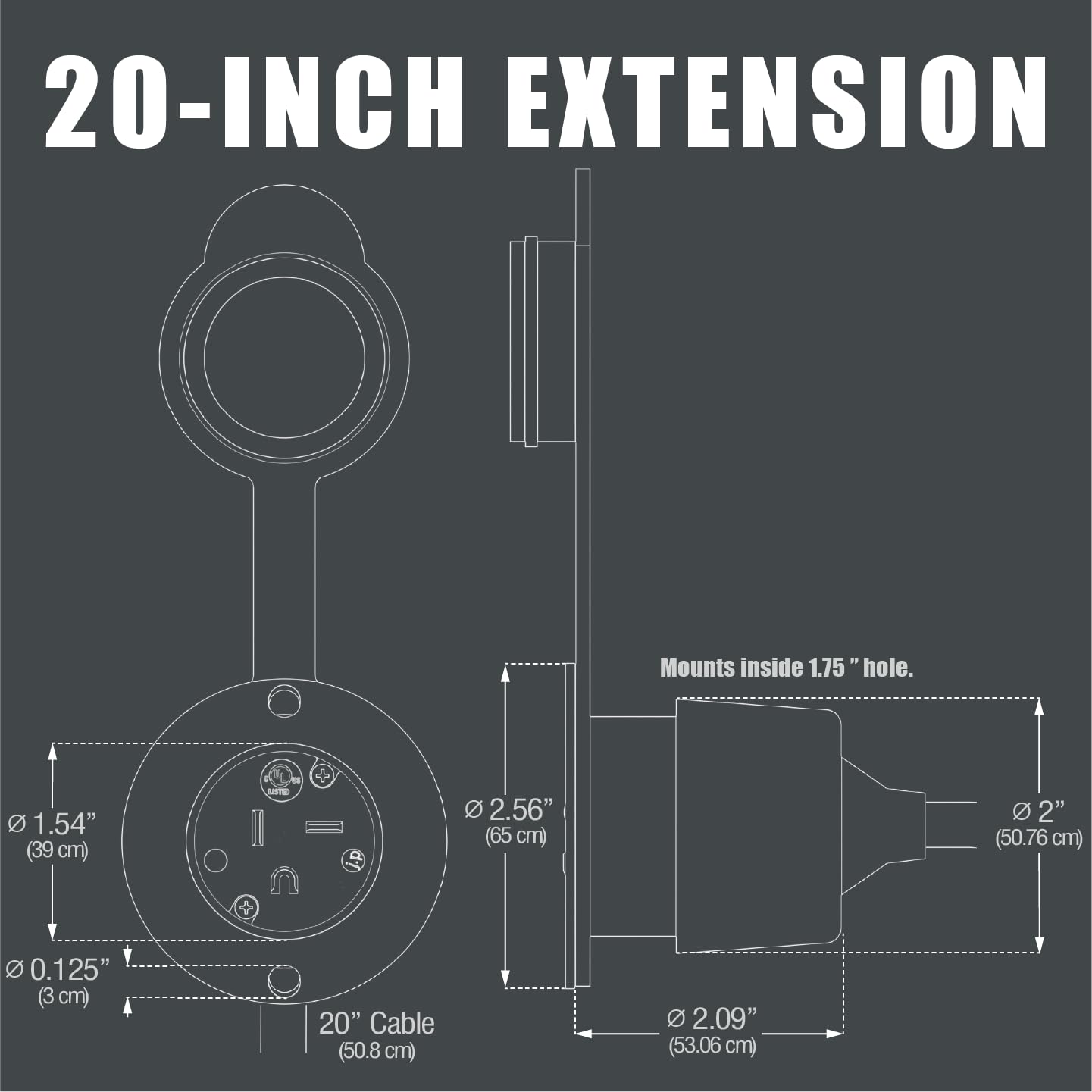20 Amp Ac Power Inlet Port Charger Plug, By Journeyman-Pro 110-125 Volt Socket, Waterproof Electrical Outlet Receptacle, 20-Inch Integrated Outdoor Rv/Shore Extension Cord 5-20R(Gcp2 Black 20A)