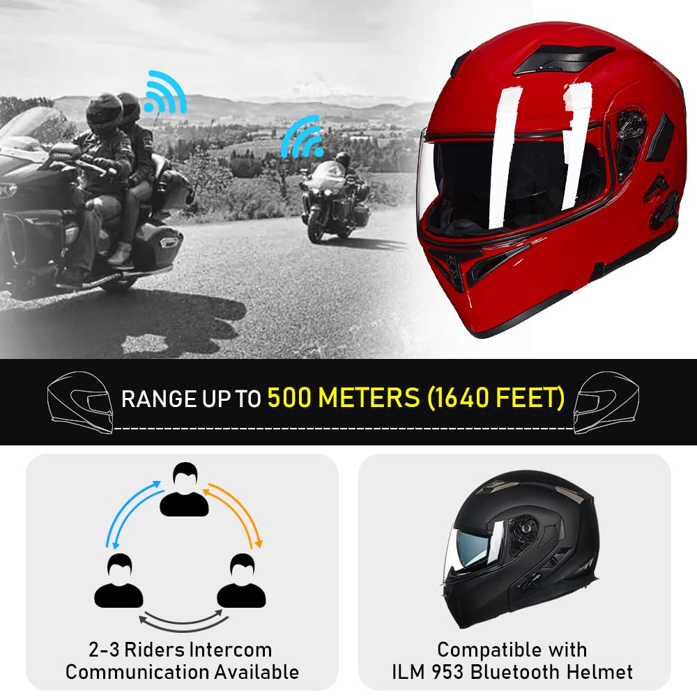Ilm Bluetooth Motorcycle Helmet Modular Flip Up Full Face Dual Visor Mp3 Intercom Fm Radio Dot Model 902Bt(Bright Red, X-Large)