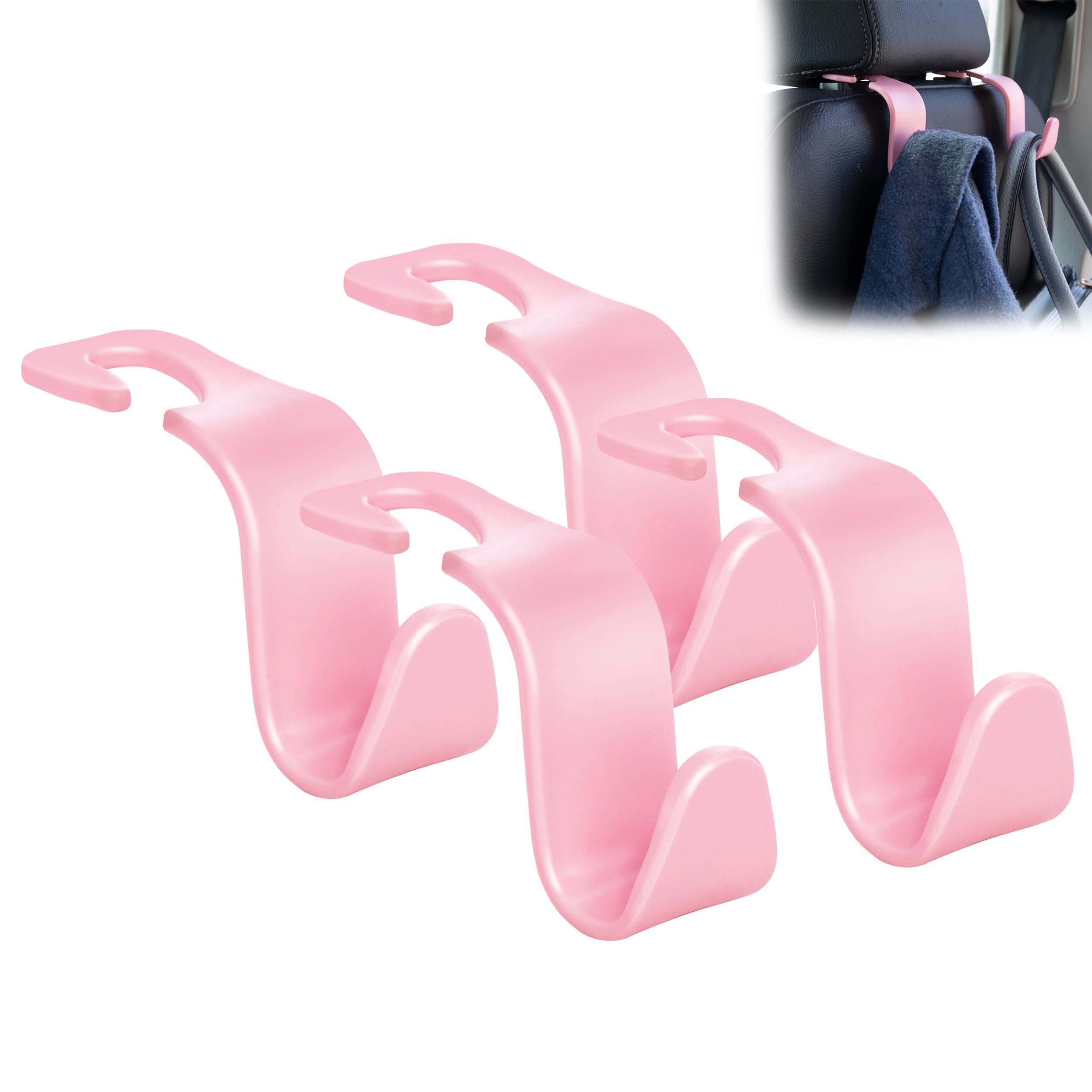 Amooca Universal Car Headrest Hooks, Car Organizer Hanger Storage Hooks For Bag Purse Cloth Grocery (Pink Set Of 4)