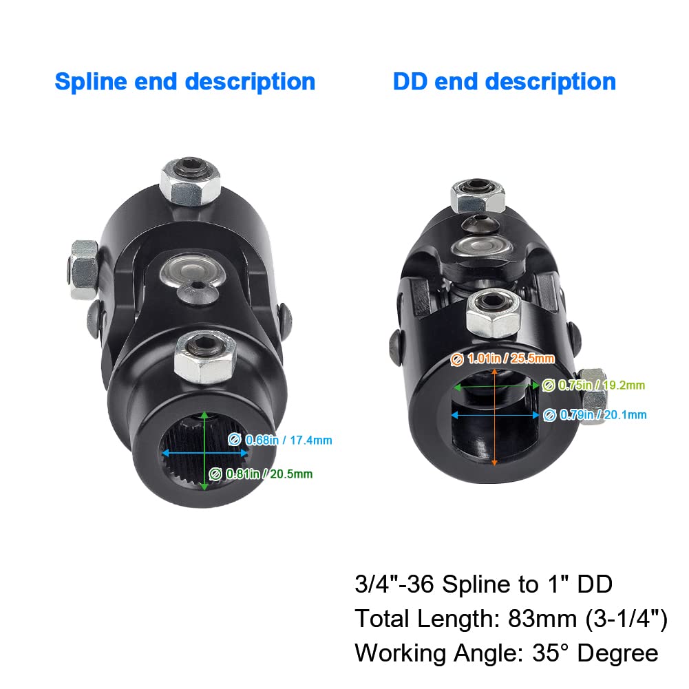 Wmphe Single Steering Shaft Universal U Joint 3/4''-36 Spline To 1'' Dd, 83Mm (3-1/4'') Working Angle 35Degree
