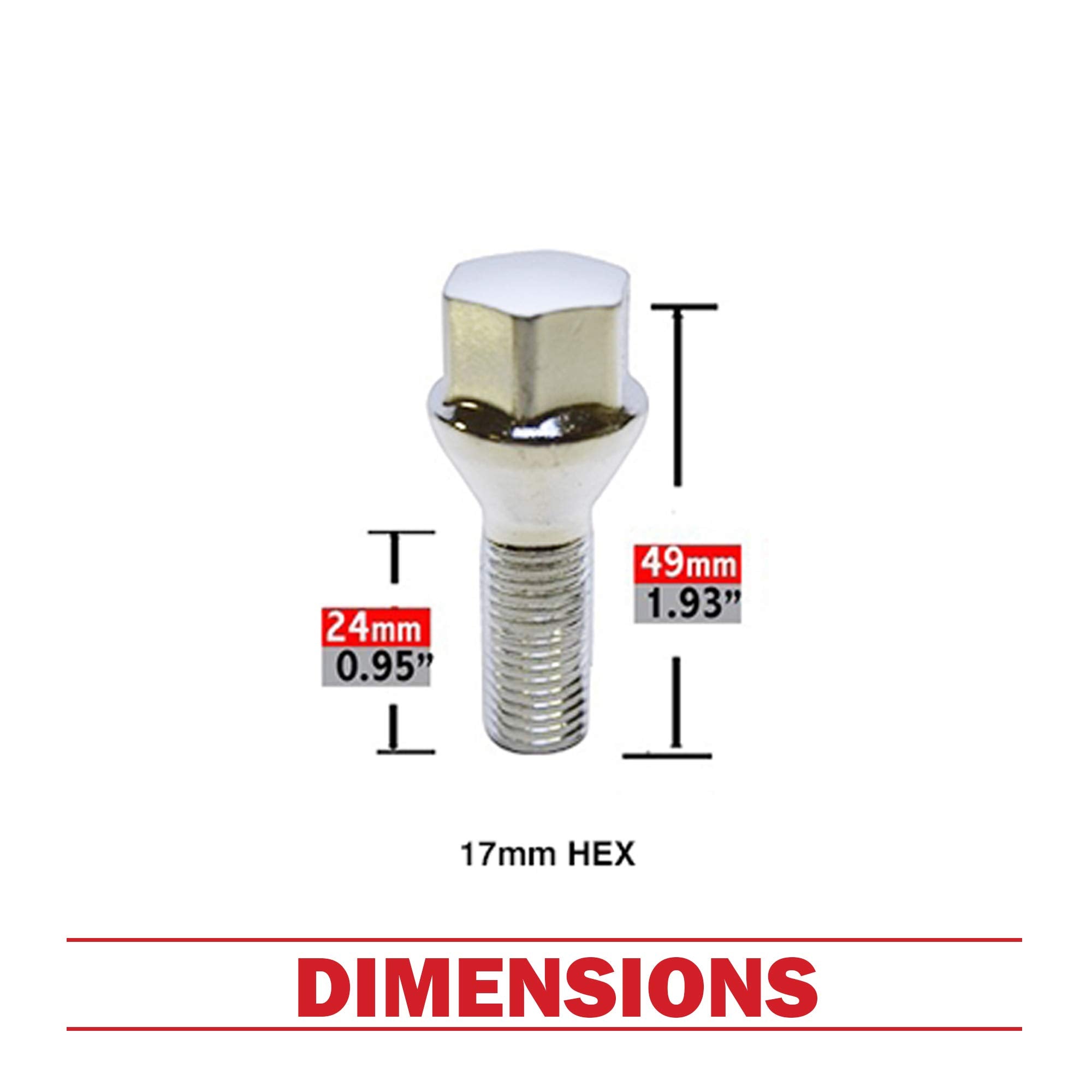 20 Pc Chrome M14 X 1.25 Conical Lug Bolts With17Mm Hex (24Mm Long)