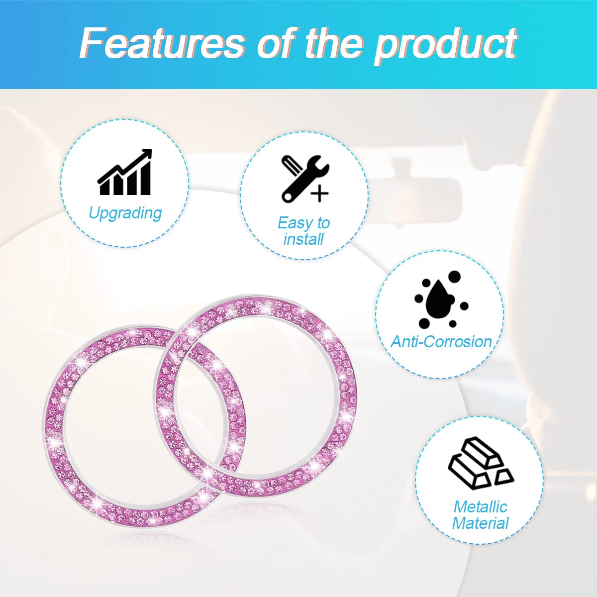 Aukepo Car Bling Crystal Rhinestone Engine Start Ring Decals, 2 Pack Car Push Start Button Cover/Sticker, Key Ignition Knob Bling Ring, Sparkling Car Interior Accessories For Women (Purple)