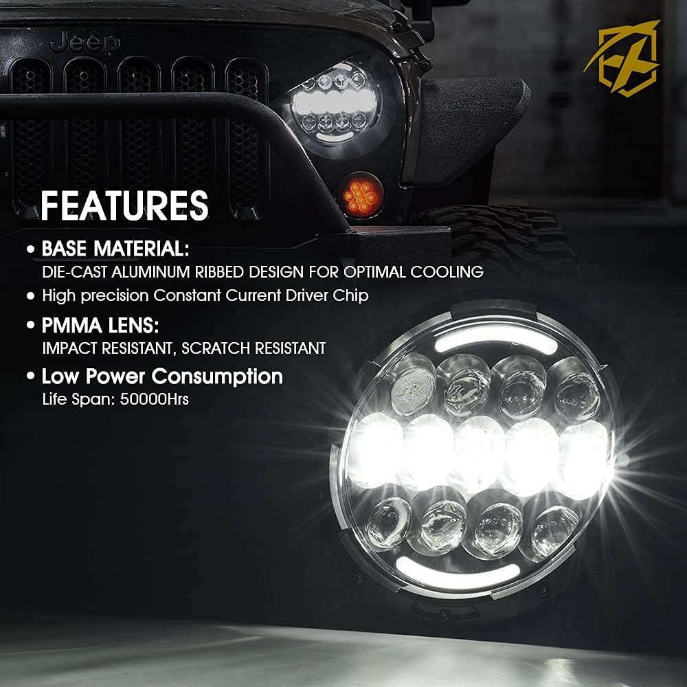 Xprite 105W Led Headlights With Hi/Lo Beam, Drl And Amber Turn Signal, 7 Inch Round Headlights Compatible With Jeep Wrangler Jk