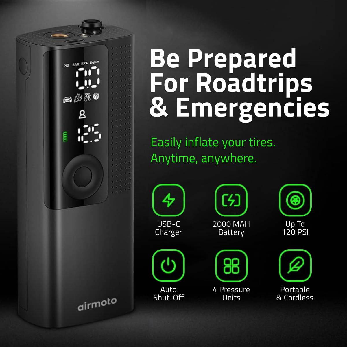 Airmoto Tire Inflator Portable Air Compressor - Air Pump For Car Tires With Tire Pressure Gauge (120 Psi) - One Click Smart Pump