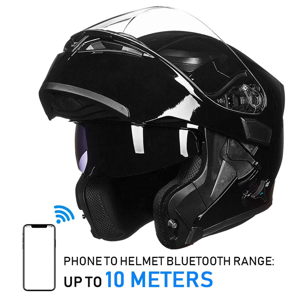 Ilm Bluetooth Motorcycle Helmet Modular Flip Up Full Face Dual Visor Mp3 Intercom Fm Radio Dot Model 902Bt(Gloss Black, M)