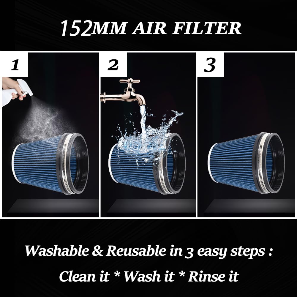 MUGE RACING 6'' 152 mm High Flow Inlet Air Filter, Air Intake Cone Filter Replacement Performance Washable Clamp-On Dry, 6'' Tal