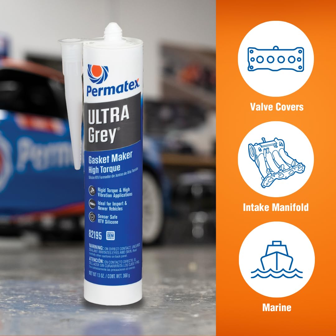 Permatex Ultra Grey RTV Silicone Gasket Maker, 13 oz, Sensor Safe, Non-Corrosive, High-Torque, Vibration Resistant, Model 82195