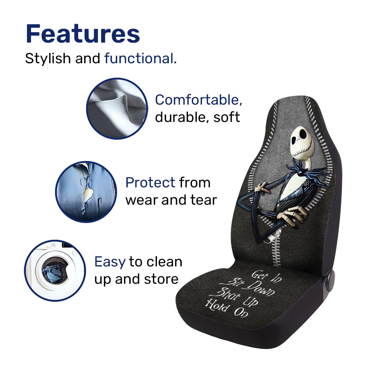 Genany Horror Nightmare Skellington 2 Front Car Seat Covers For Car Truck Sedan Suv, Halloween Seat Cover, Durable Automotive Se