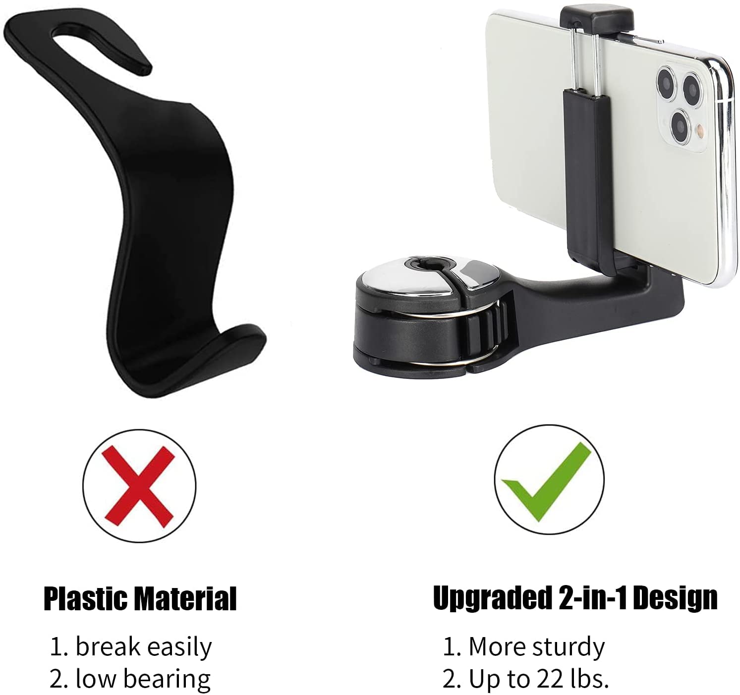 Toovren Upgraded 2 Pack Car Headrest Hidden Hook 2 In 1 Car Seat Hooks With Phone Holder For Purse, Backpacks,Toys,And Even Bott