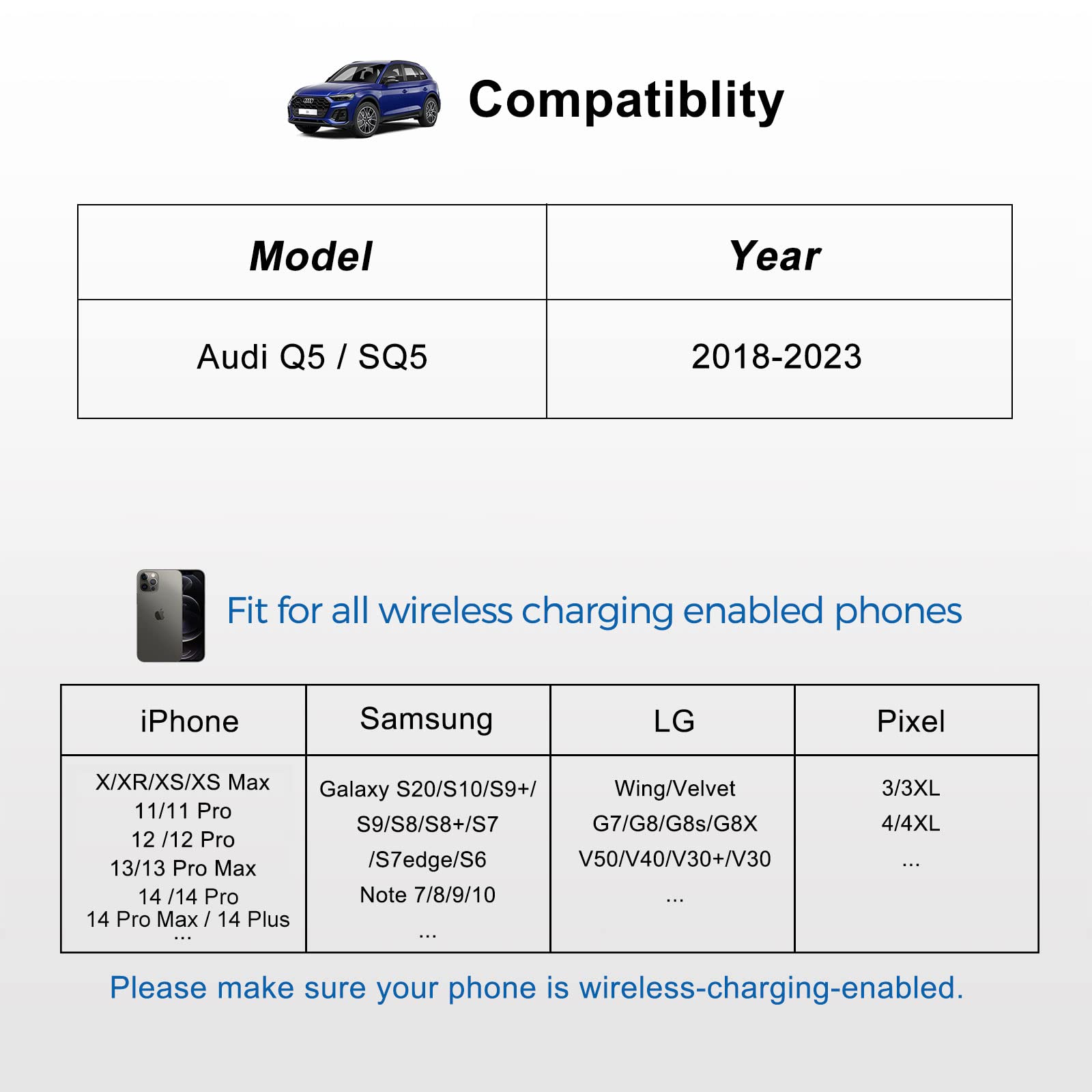 COTAZA Wireless Phone Charger for Audi Q5/SQ5 2018-2024, Silicone Charging Pad for Center Console, Model SS003000125-MC