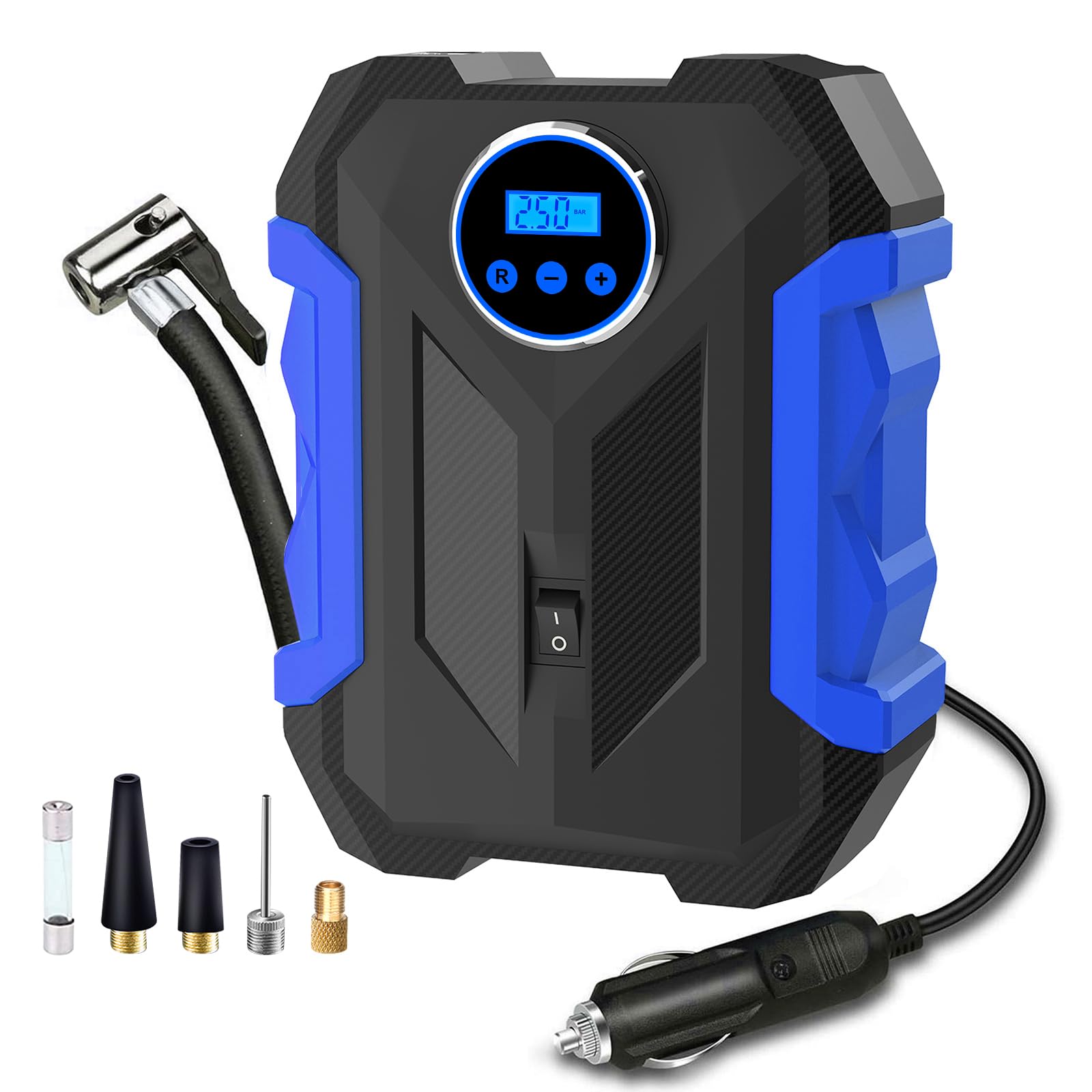 Digital Air Compressor For Car Auto Pump Portable Tire Inflator With Led Light Dc 12V, Blue