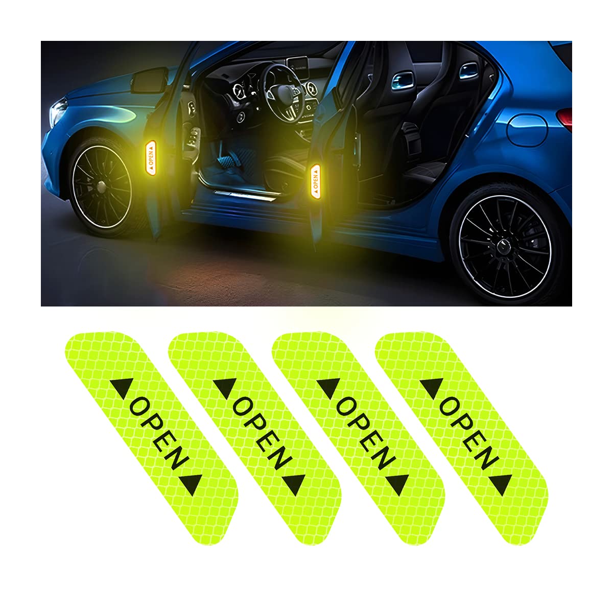 4Pcs Reflective Open Warning Stickers For Car Door, Night Visibility Auto Safety Prompt Decals, 3.6 Inch Anti-Collision Protective Strip Tape, Car Accessories Universal For Truck, Suv, Van (Green)