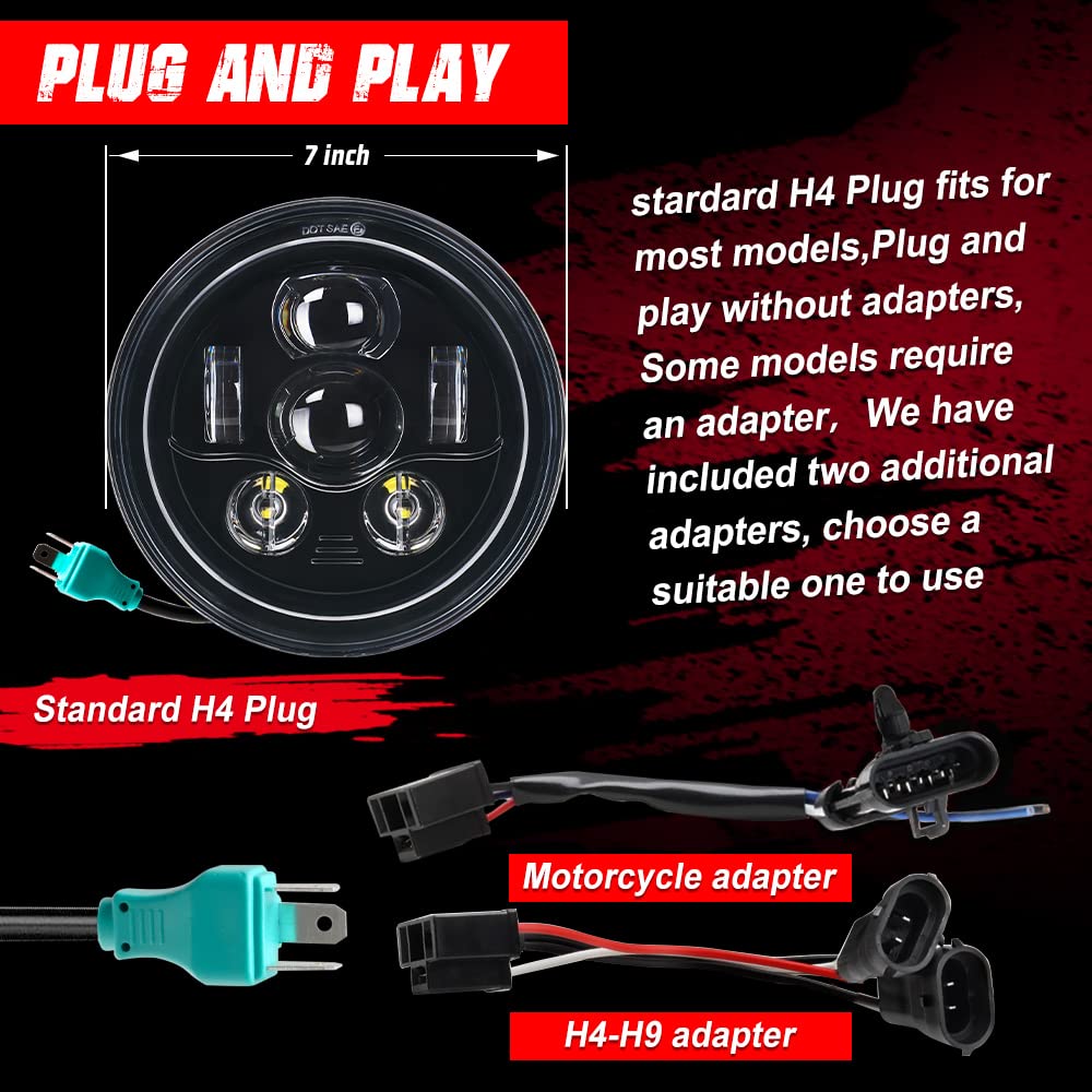 Tugwuetlwu 7 Inch Led Motorcycle Headlight Compatible With Harley Davidson Street Glide Road King Accessories Electra Glide Fat