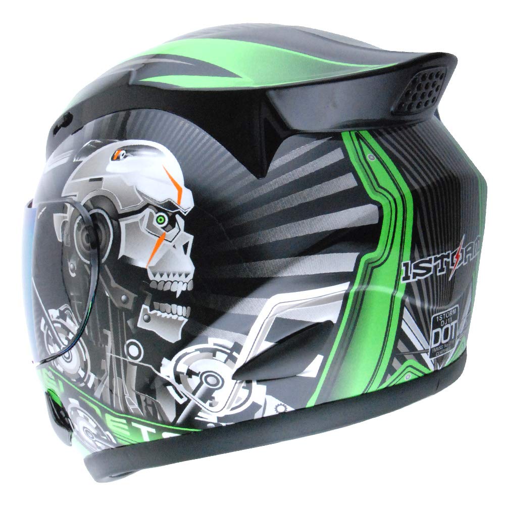 1Storm Motorcycle Bike Full FACE Helmet Mechanic Skull Green