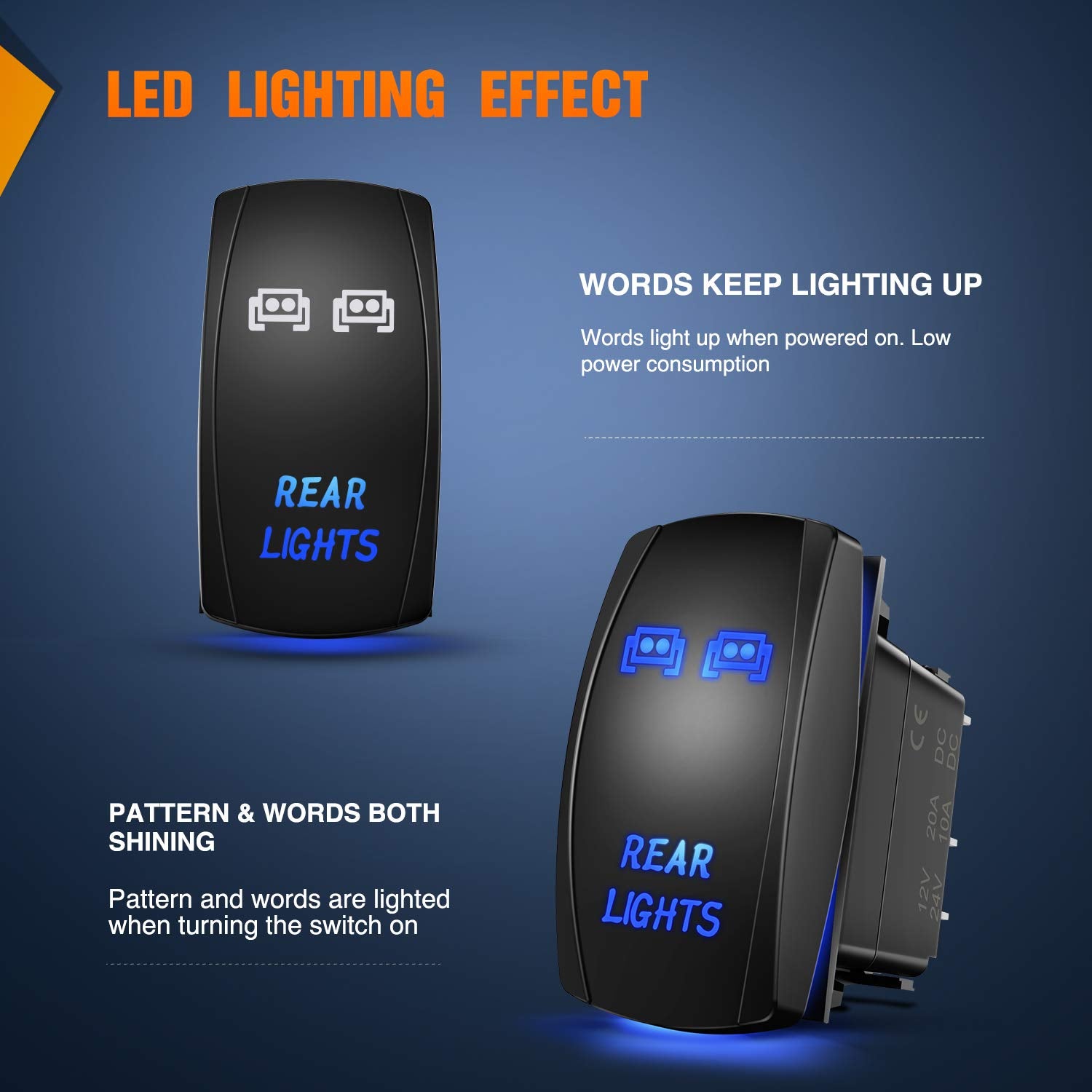 Nilight NI-RS05 LED Rocker Switch 5Pin, 20A/12V, 10A/24V, Blue, Rear Lights, Plastic, 2-Year Warranty