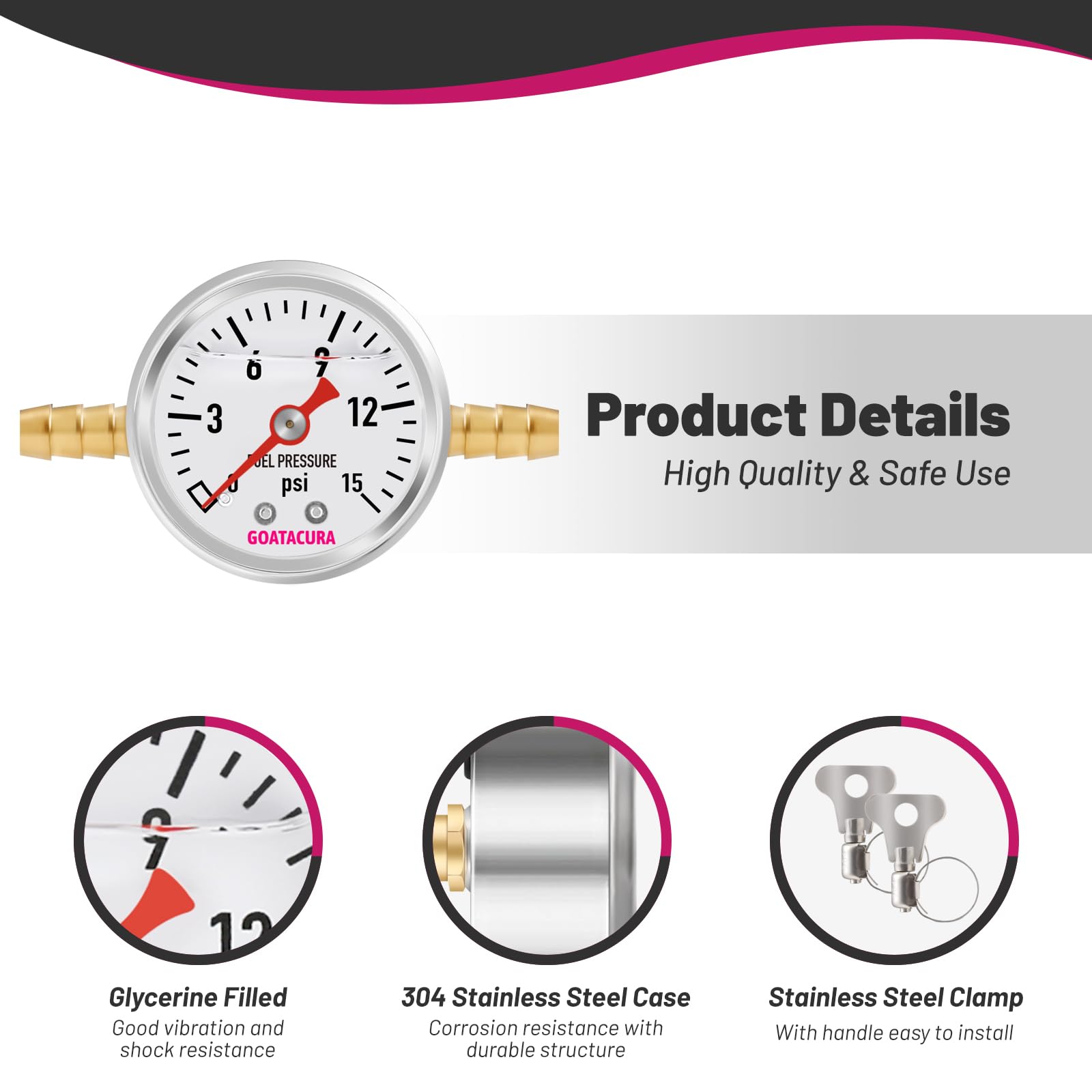Goatacura 0-15Psi Glycerin Filled Fuel Pressure Gauge Kit, 1-1/2'' Dial Size, 304 Stainless Steel Case, 5/16'' Fuel Line Fuel Pr