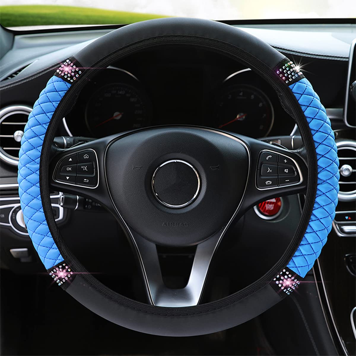 Bling Leather Steering Wheel Cover, Colorful Rhinestones Elastic Steering Wheel Protector, Pu Soft Leather With Crystal Diamond, Sparkling Car Accessories For Most Cars (Blue)