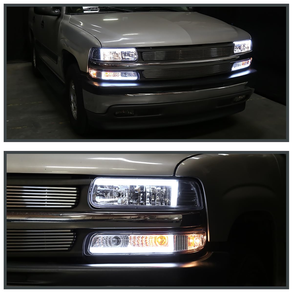 Spec-D Tuning Led Bar Chrome Housing Clear Lens Headlights + Bumper Lights 4Pc Compatible With 1999-2002 Chevy Silverado 2000-20