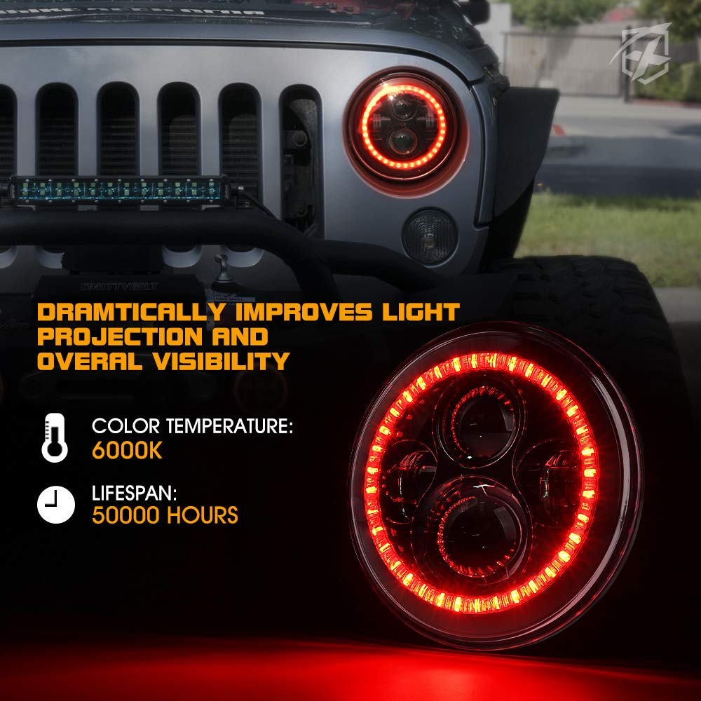 Xprite 7 Inch 90W Led Headlights With Red Halo Ring Angel Eyes Compatible With 1997-2018 Jeep Wrangler Jk Tj Lj(Dot Approved), 9