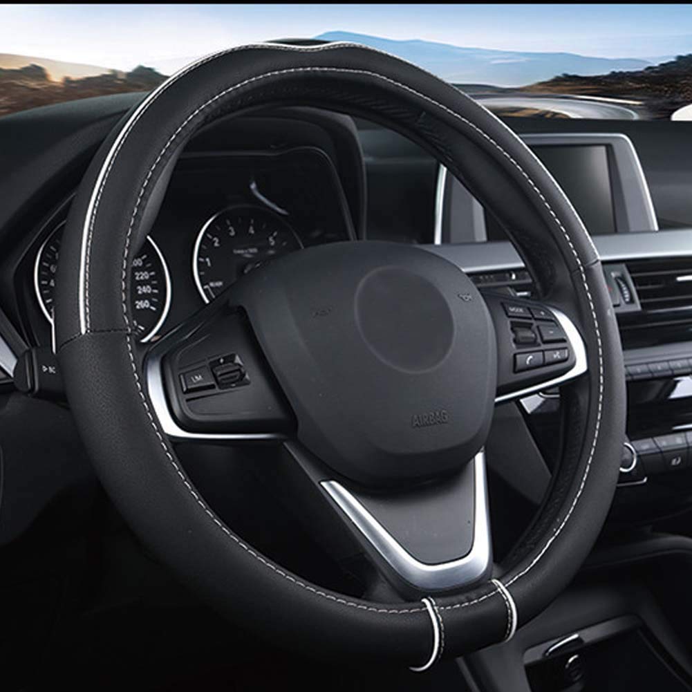 Shiawasena Auto Car Steering Wheel Cover, Universal 15 Inch Fit, Soft Leather, Breathable Anti Slip (Black&White)