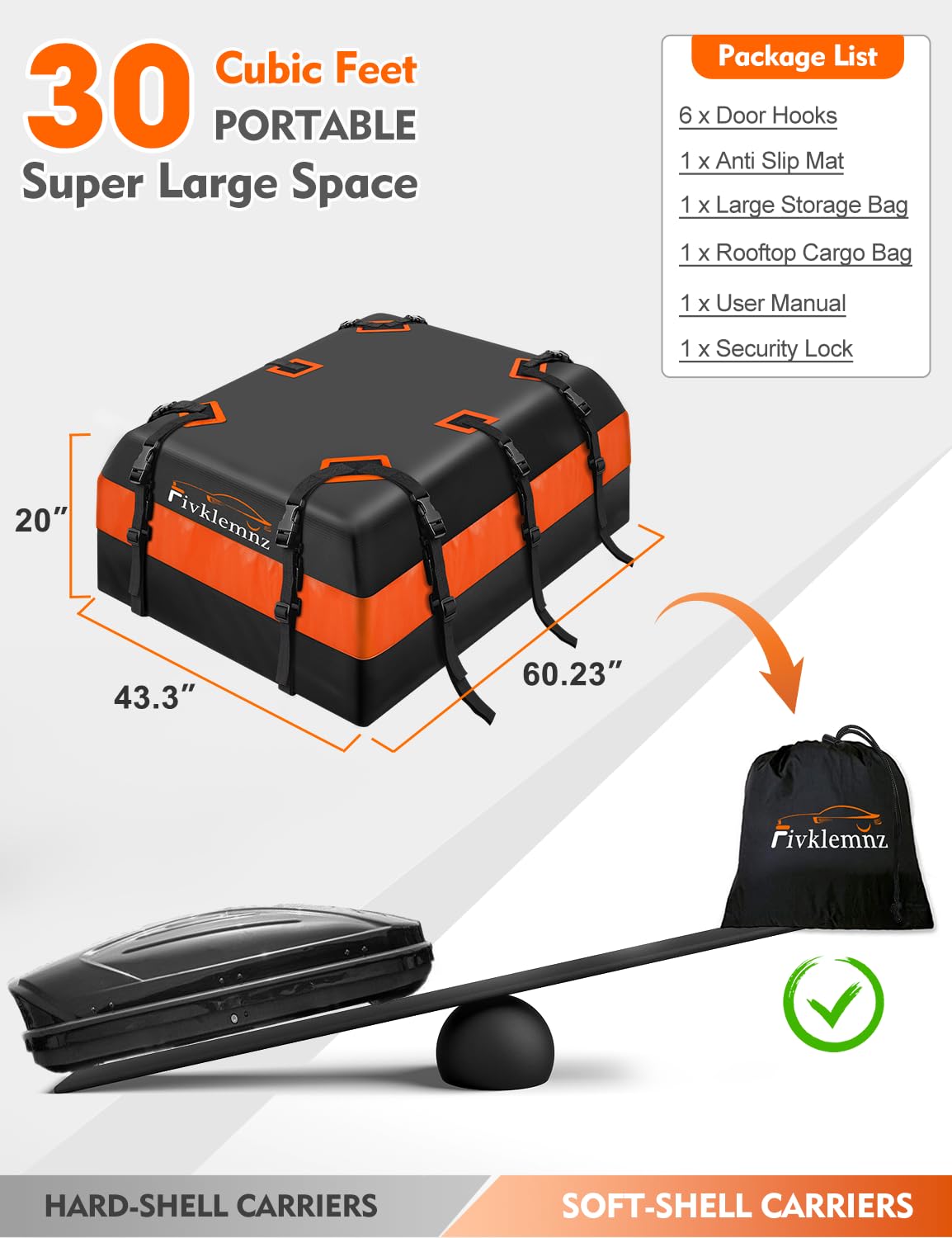 Fivklemnz 30 Cubic Car Rooftop Cargo Carrier Roof Bag Waterproof For All Top Of Vehicle With/Without Rack Includes Topper Anti-S