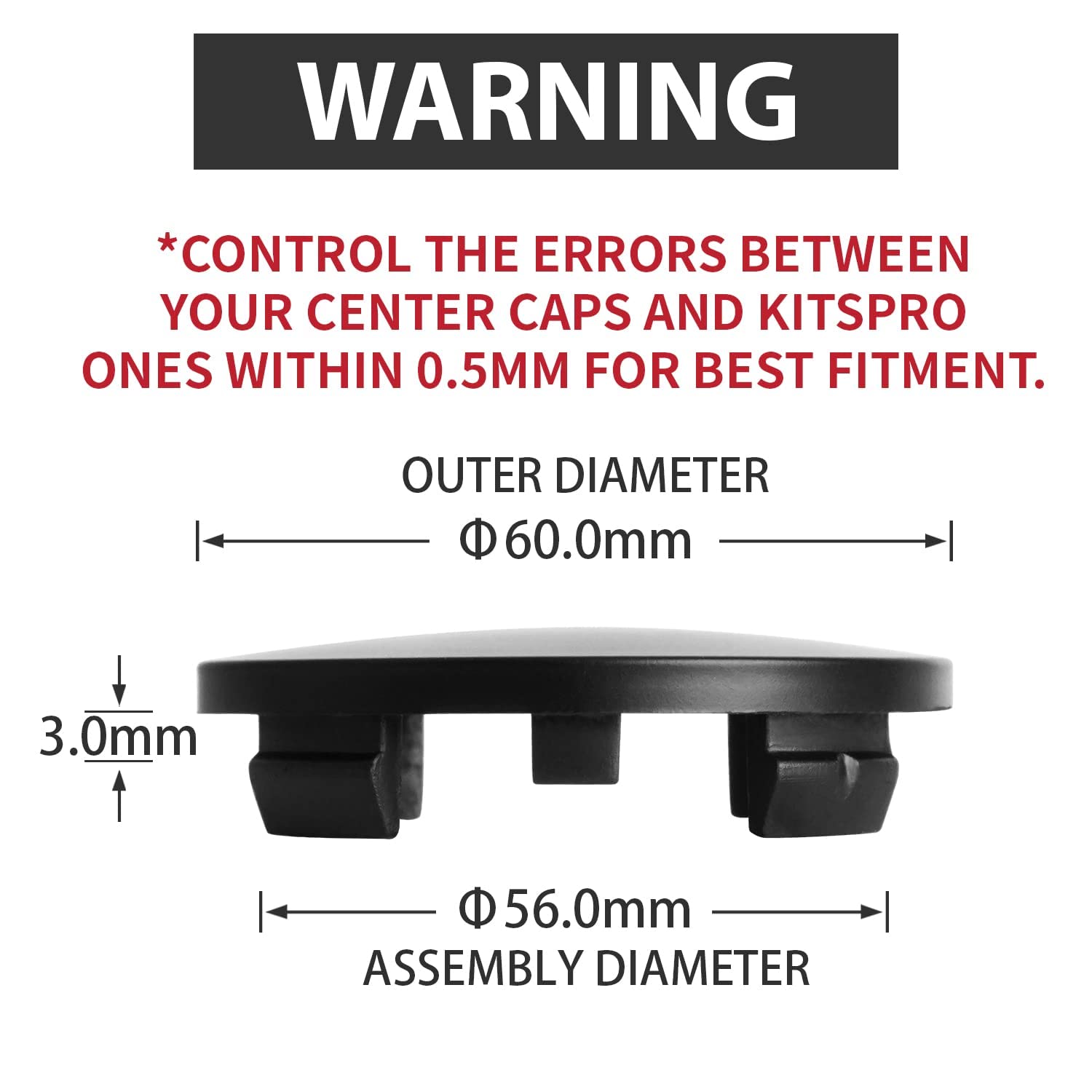 Kitspro 2.4Inch 60Mm Wheel Center Caps , Pack Of 4 (Matte Black, Outer 60Mm , Inner 56Mm)