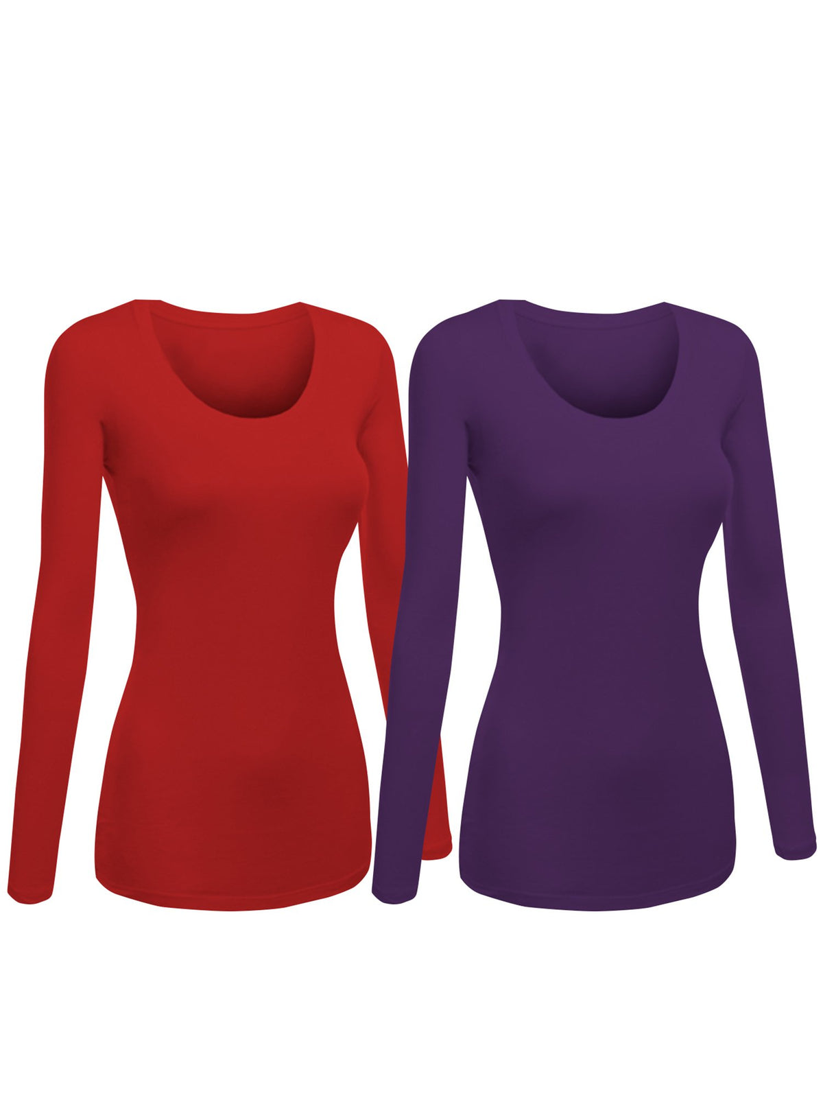 Emmalise Womens Junior And Plus Size Basic Scoop Neck Tshirt Long Sleeve Tee, Large, 2Pk Purple, Red
