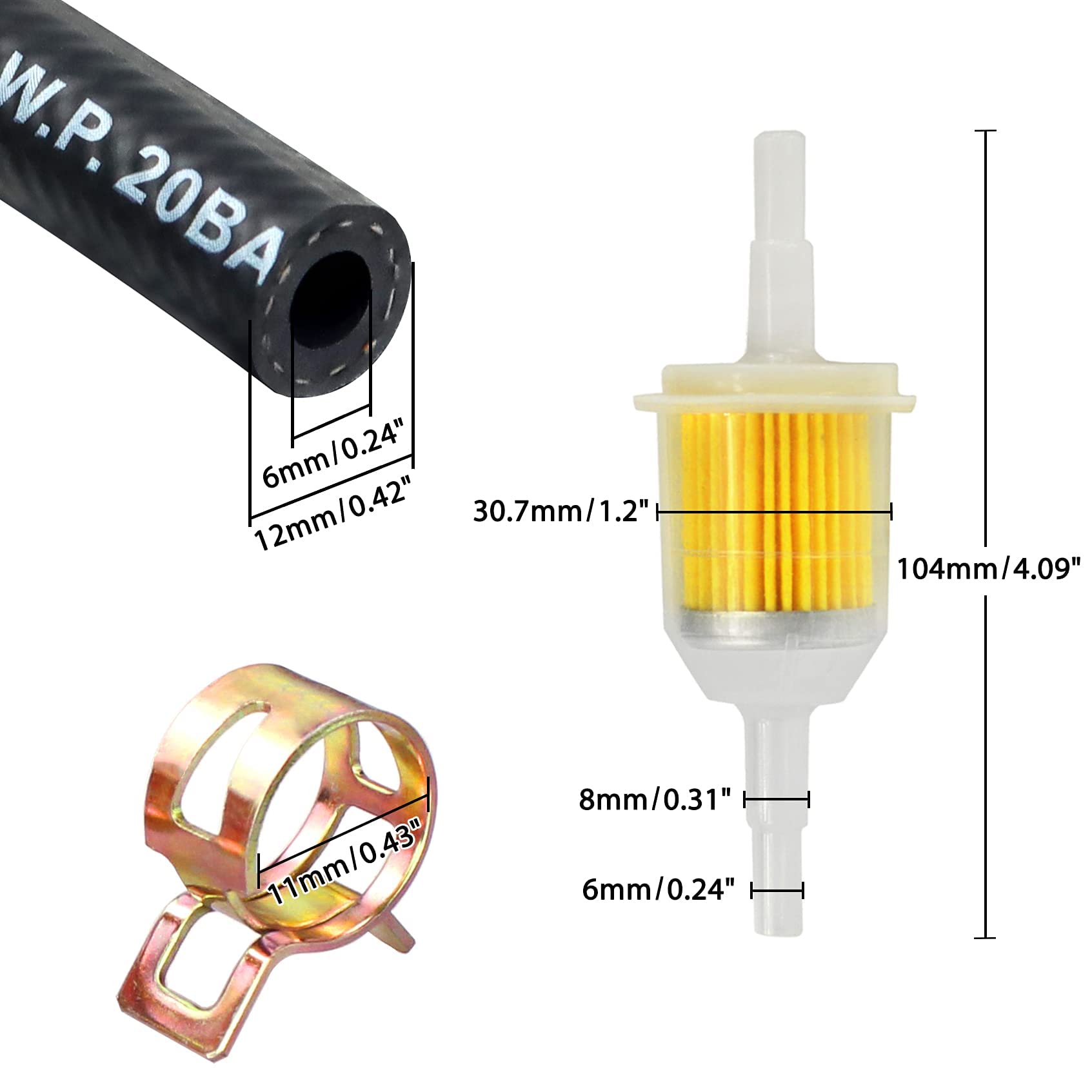 IZOKEE 1/4'' Inch ID Fuel Line Set - 2 Meter / 6-Foot  Inch Fuel Line + 2 Pcs 1/4 Inch & 5/16 Inch Fuel Filters + 10 Pcs 2/5'' I