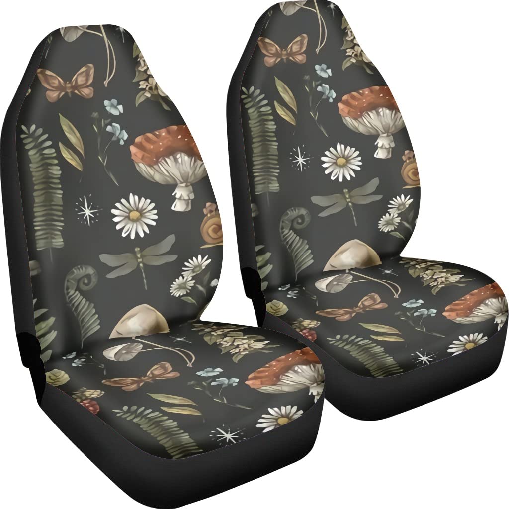 Fuibeng Mushroom Car Seat Covers,2 Pcs,Daisy Dragonfly Butterflies Mushroom Auto Seat Cover Pad For Front,Universal Elastic Vehi