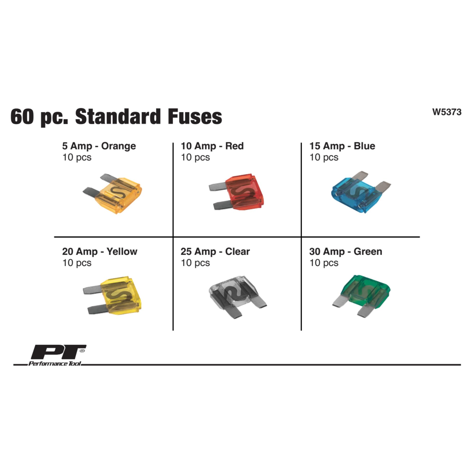 Performance Tool W5373 60-Piece Standard Fuse Assortment With Wide Range Of Amp Ratings (5A, 10A, 15A, 20A, 25A, And 30A).