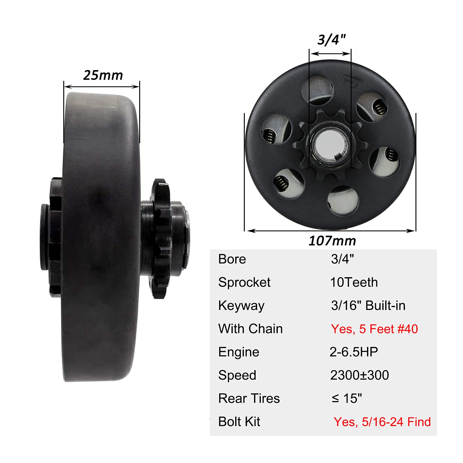 Fdj Go Kart Clutch 3/4 Bore 10 Tooth With 40 Chain Centrifugal Clutch 3/4'' And Chain Set For Predator 212Cc Small Engine Mini B