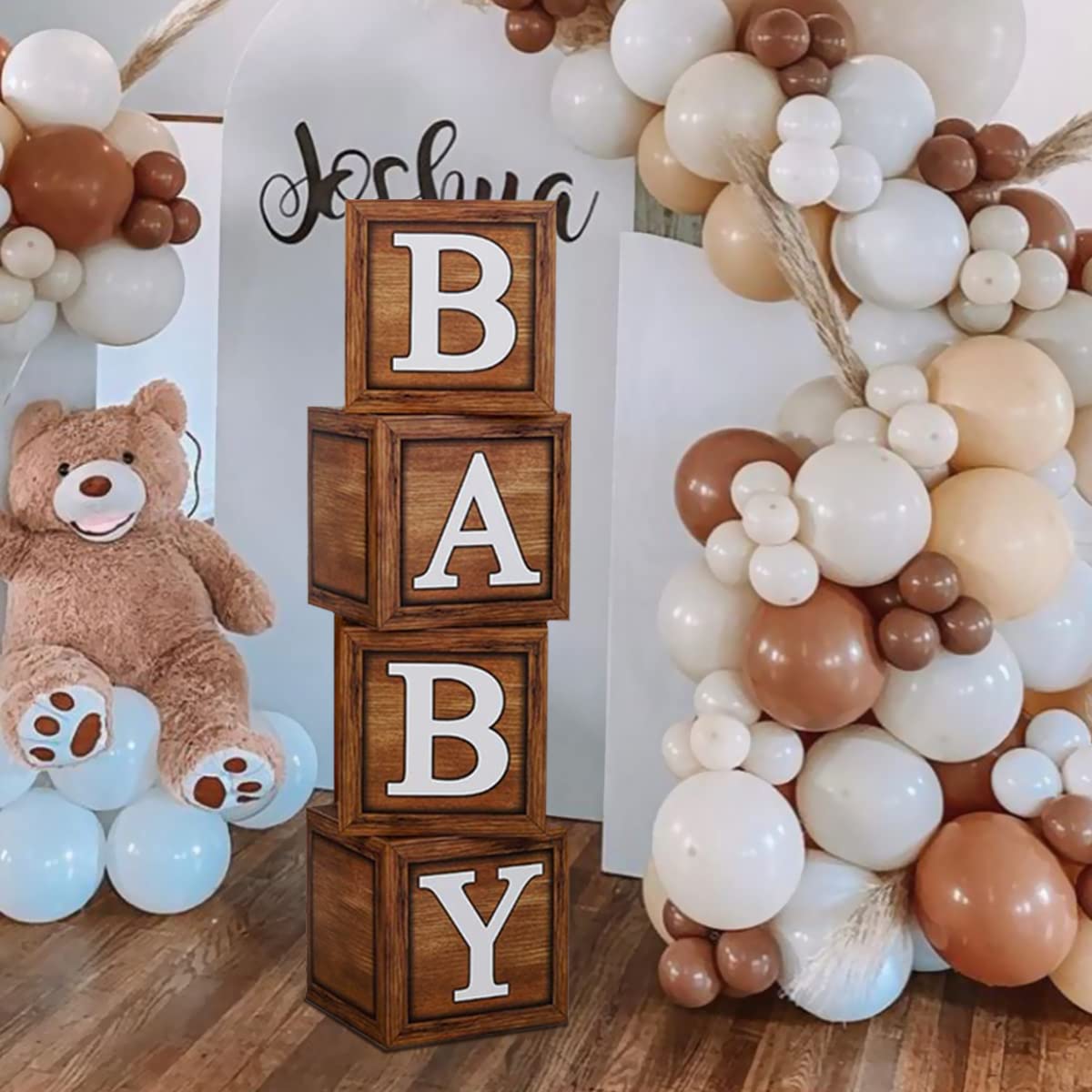 Baby Shower Boxes For Birthday Decorations - 4 Wood Grain Brown Baby Balloon Boxes, Baby Boxes For First Birthday Centerpiece De